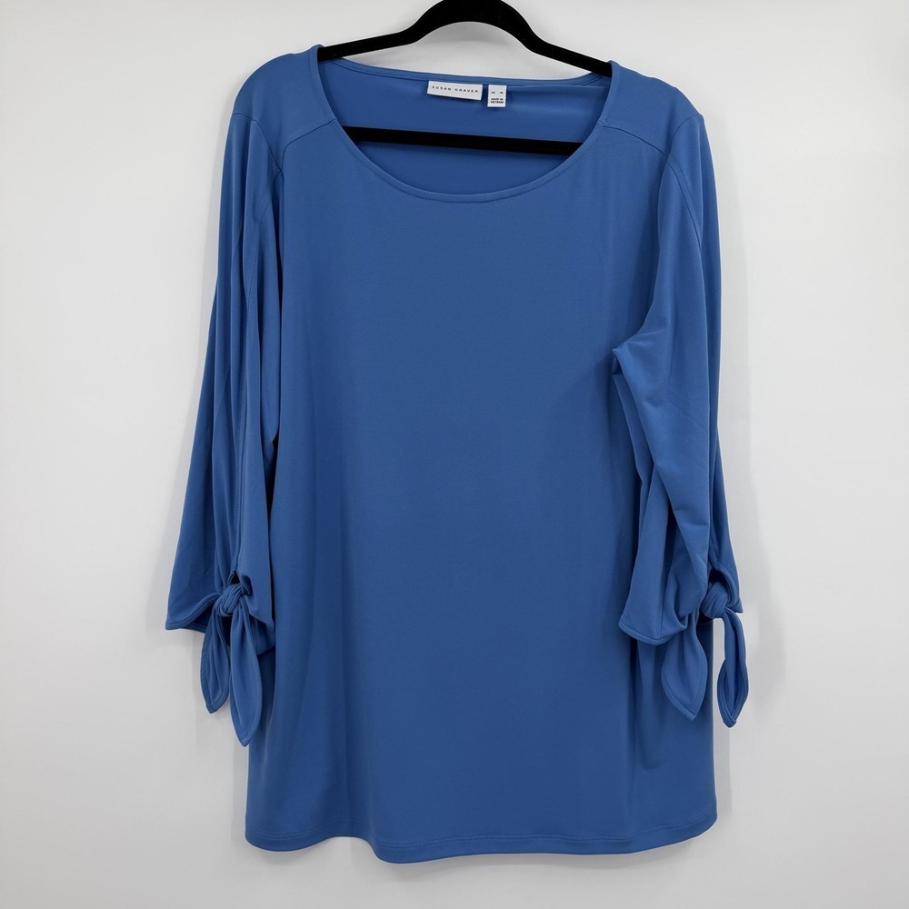 Susan Graver Blouse Womens XL Blue Tunic Scoop Neck 3/4 Sleeve Bow Liquid Knit